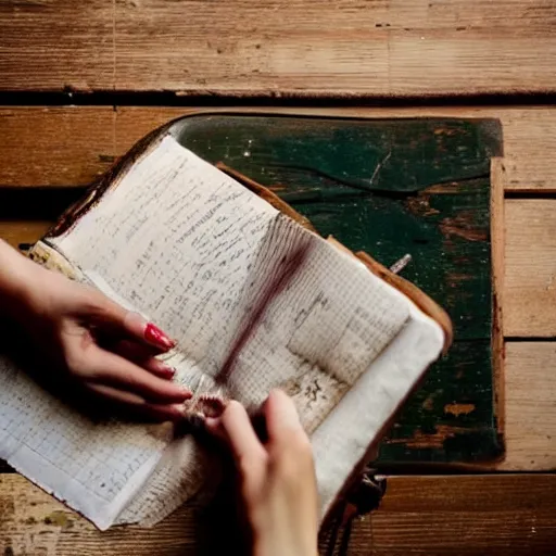 Prompt: a young woman finds a dusty diary on the floor of an old farmhouse, cinematic scene, movie, cinematic lighting