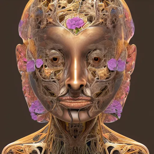 Image similar to face portrait of a beautiful woman, 150 mm, anatomical, flesh, flowers, mandelbrot fractal, veins, arteries, symmetric, intricate, golden ratio, full frame, microscopic, elegant, highly detailed, ornate, ornament, elegant , luxury, beautifully lit, ray trace, octane render in the style of peter Gric , alex grey and Romero Ressendi