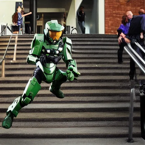 Image similar to master chief falling down a flight of stairs