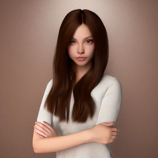 Image similar to Render of April, a cute 3D young woman, long shiny bronze brown hair, full round face, green eyes, medium skin tone, light cute freckles, light blush, smiling softly, wearing casual clothing, interior lighting, cozy living room background, medium shot, mid-shot, hyperdetailed, hyperreal, trending on Artstation, Unreal Engine, 4k