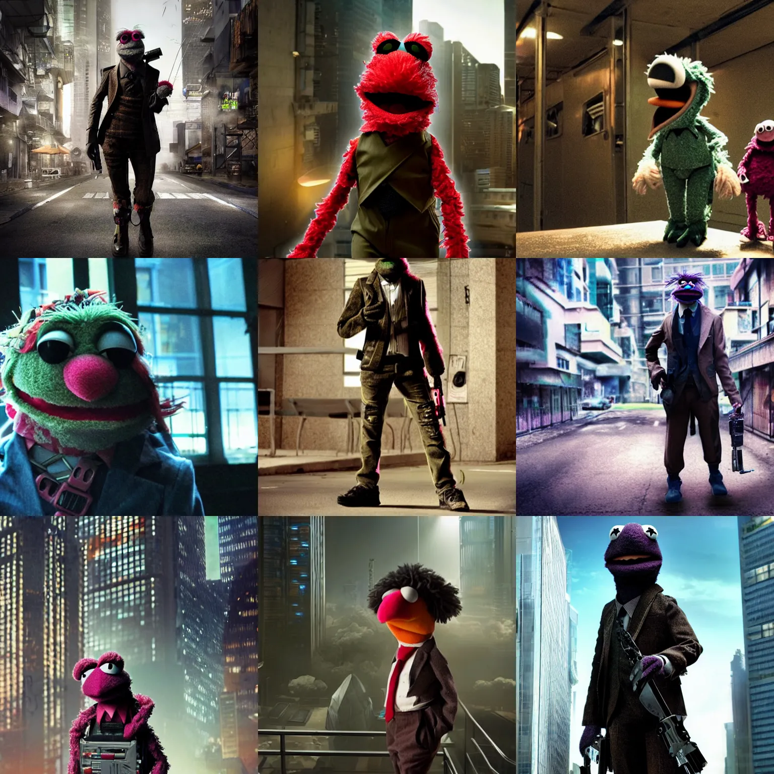Prompt: A muppet assassin cyberpunk, realistic film still