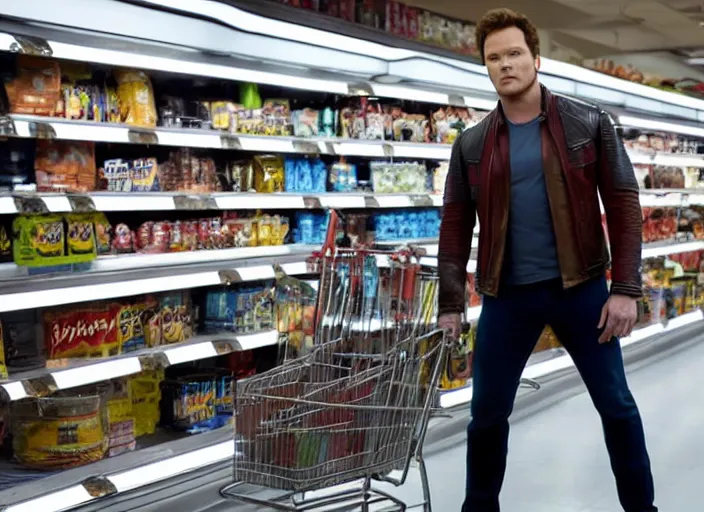 Image similar to film still of star - lord played by chris pratt shopping in a supermarket in the new guardians of the galaxy movie, 4 k, 8 k, photorealistic, highly detailed face and eyes