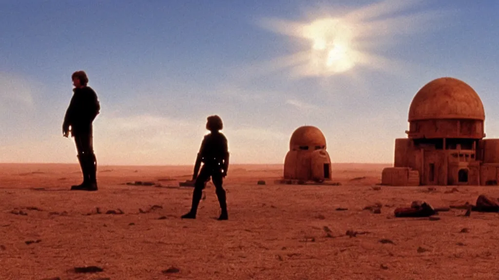 Prompt: film still Luke skywalker watches tatooine binary sunset moisture farm dome house