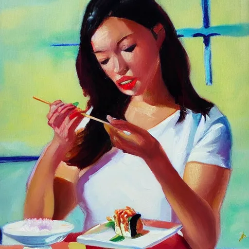 Prompt: attractive woman eating sushi. joan semmel painting