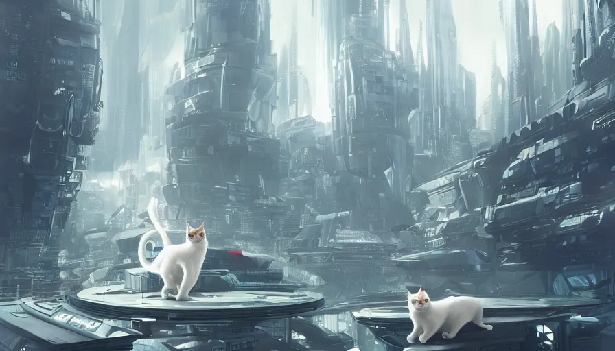 Image similar to White cat in a futuristic city, hyperdetailed, artstation, cgsociety, 8k