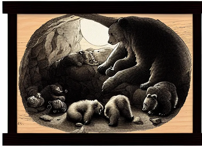 Image similar to Pieter Claesz's 'a bear and her cubs sleeping in a dark cave, lit by hole in roof', night time, cross hatching, beautiful wooden frame, monochrome, colours of the sunset