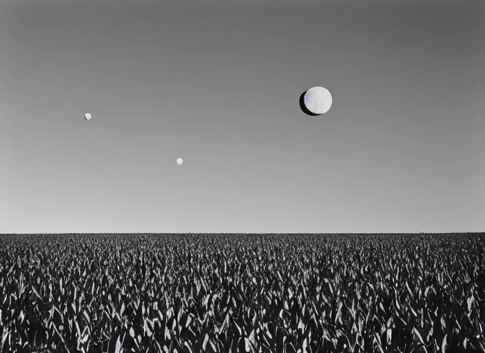 Image similar to Flying saucer landing in corn field with two moons in the sky, albumen silver print film grain photography 8mm by Timothy H. O'Sullivan