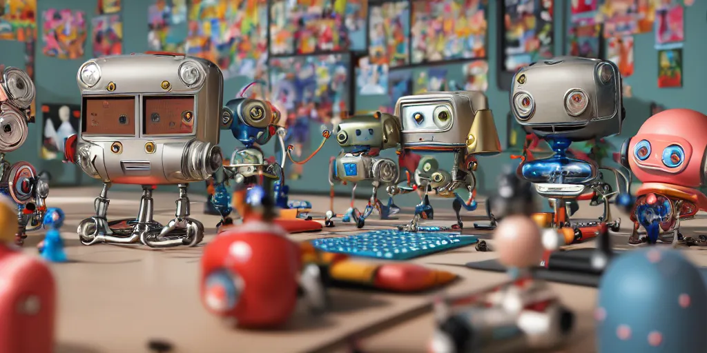 Prompt: closeup portrait of tin toy retro robots students taking computer lessons in a high tech classroom, depth of field, zeiss lens, detailed, centered, fashion photoshoot, by nicoletta ceccoli, mark ryden, lostfish, breathtaking, 8 k resolution, extremely detailed, beautiful, establishing shot, artistic, hyperrealistic, octane render