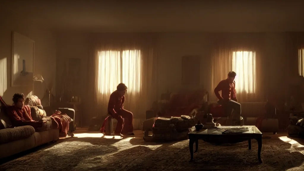 Image similar to a strange creatures climb into our living room, film still from the movie directed by Denis Villeneuve with art direction by Arthur Adams, wide lens