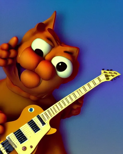 Image similar to garfield ( shredding on a gibson les paul, art by glenn fabry and frank frazetta, 3 d rendering by beeple, 8 k )