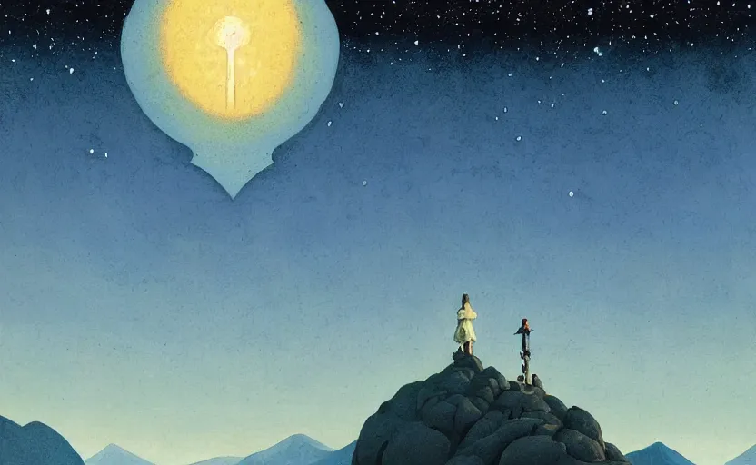 Image similar to mountains, stars and paisley filled sky, artstation, intricate, highly detailed, digital painting, concept art, sharp focus, illustration by Edward Hopper and Roger Dean and Piero della Francesca and Yves Tanguy and Michael Whelan and Jean Claude Mézières and Enki Bilal and Benjamin Lacombe and Megan Duncanson