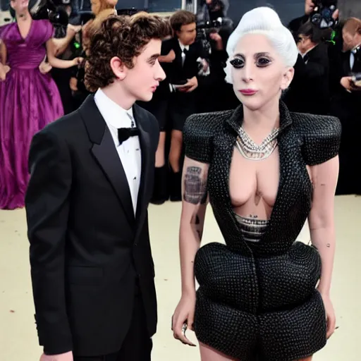 Image similar to timothee chalamet and lady gaga meet eachother, highly beautiful faces, highly detailed