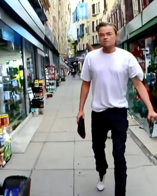 Prompt: screenshot of a video containing footage of Leonardo DiCaprio robbing a store, wide angle, uhd, 8k, award winning