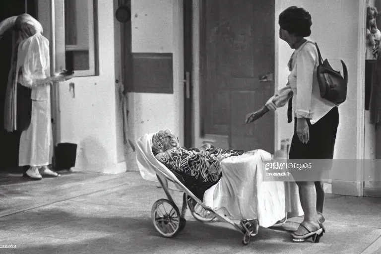 Prompt: death comes for an elderly lady. 1 9 6 9 black and white photo.