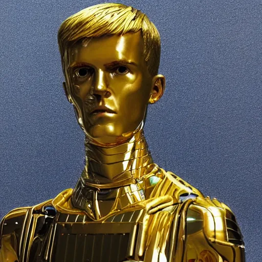 Prompt: a realistic detailed photo of a guy who is an attractive humanoid who is half robot and half humanoid, who is a male android, soccer players martin ødegaard, shiny skin, posing like a statue, blank stare, in a museum, on display, showing off his muscles, gold soccer shorts, no jersey, ground view, ceramic statue