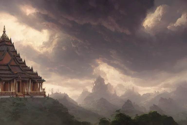 Image similar to a fantasy digital painting of a temple in the clouds, by Greg Rutkowski and James Gurney, trending on Artstation, highly detailed