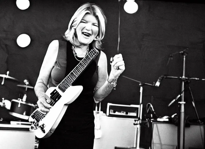 Image similar to publicity photo still of martha stewart in a death metal band playing live on stage, 8 k, live concert lighting, mid shot