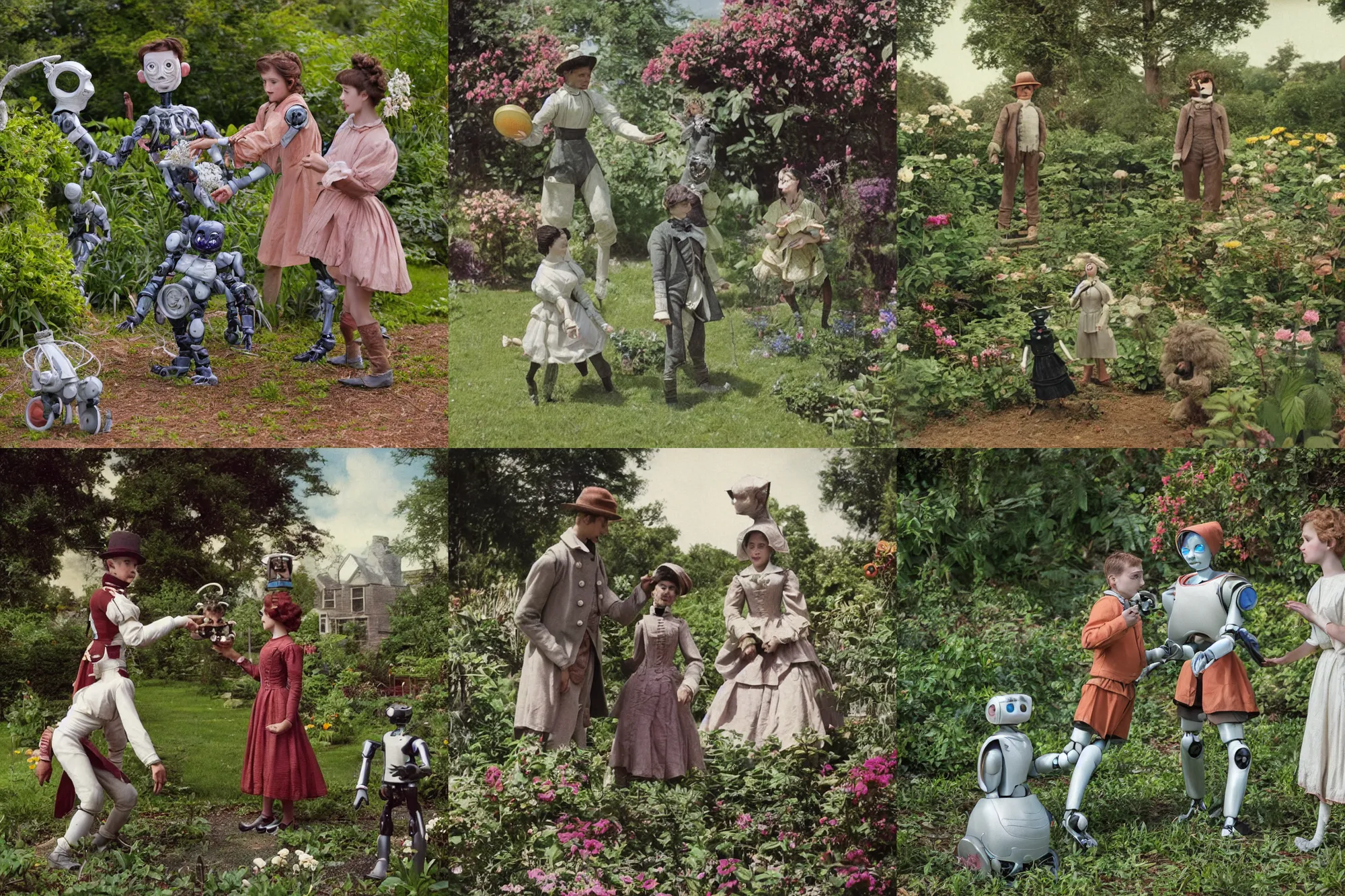 Prompt: detailed, sharp, a boy and a girl playing frisbee with their cute pet humanoid robot, wearing 1850s era clothes, in the garden with strange alien plants and flowers, on a strange alien planet, extremely highly detailed, 70 mm action still from a classic period sci fi color movie, 8k, HD, cinematic lighting