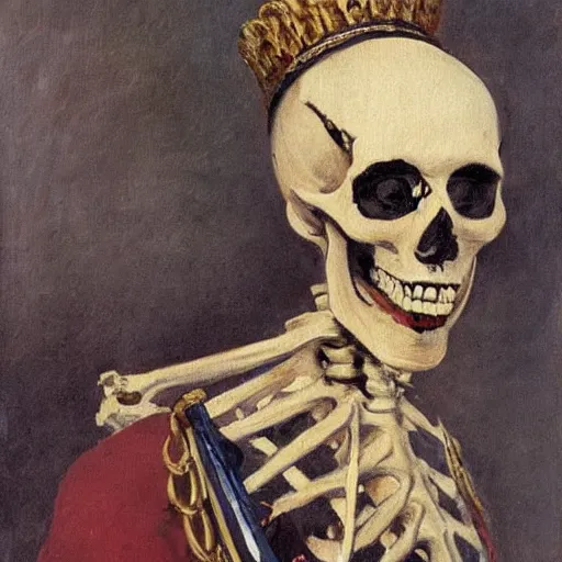 Image similar to A portrait of a skeleton in a Russian Tsar's uniform, painted by Valentin Alexandrovich Serov