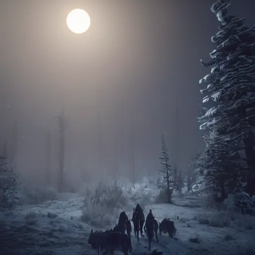 Prompt: the wild hunt, unholy spectres riding in the sky, bad omen, enchanted forest, blizzard storm, fog, full moon, snowy environment, in the style of the witcher series, hyperrealism, breathtaking, award winning, groundbreaking, octane render, unreal 5, intricate digital art, 8 k high resolution