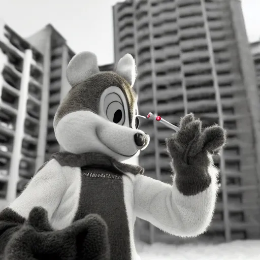 Prompt: realistic macro photo of Chip and Dale smoking, winter, brutalist houses at the background