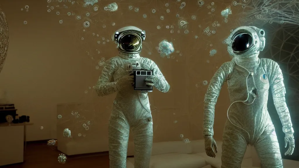 Prompt: a astronaut eva suit covered in diamond 3d fractal lace iridescent bubble 3d skin and covered with insectoid compound eye camera lenses floats through the living room, film still from the movie directed by Denis Villeneuve with art direction by Salvador Dalí, wide lens,