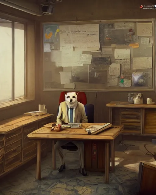 Image similar to artstation scifi scene of a weasel in suits drinking tea ， in an shabby office, wooden, furnitures ， many brocade flags summer unreal engine 5, hyper realism, realistic shading, cinematic composition, blender render, octane render, hdr, detailed textures, photorealistic, wide shot