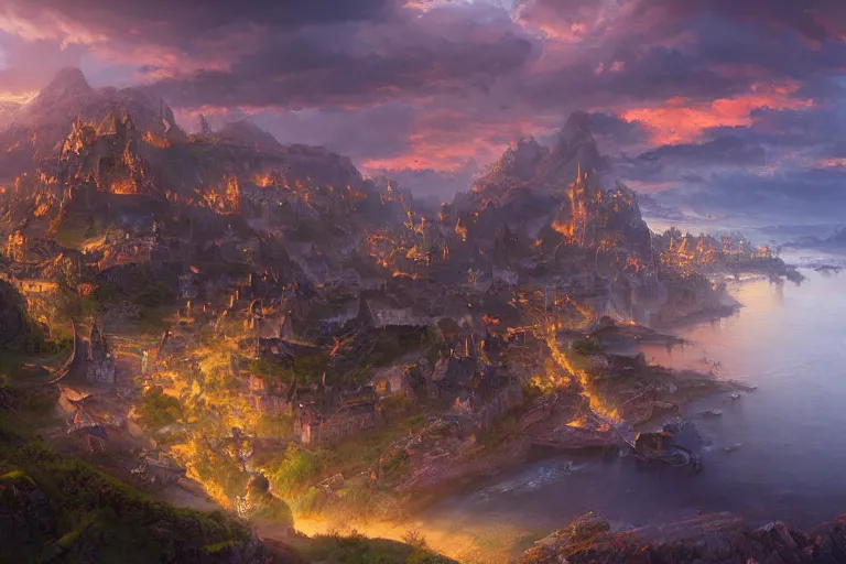 Image similar to high aerial shot, fantasy landscape, sunset lighting ominous shadows, cinematic fantasy painting, dungeons and dragons, a charming port town surrounded by gentle hills, harbor, bay by jessica rossier and brian froud