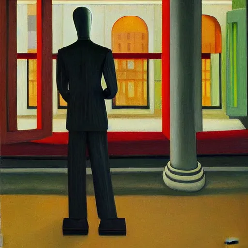 Image similar to slenderman, lurking in the shadows, mind control, dystopian, pj crook, edward hopper, oil on canvas