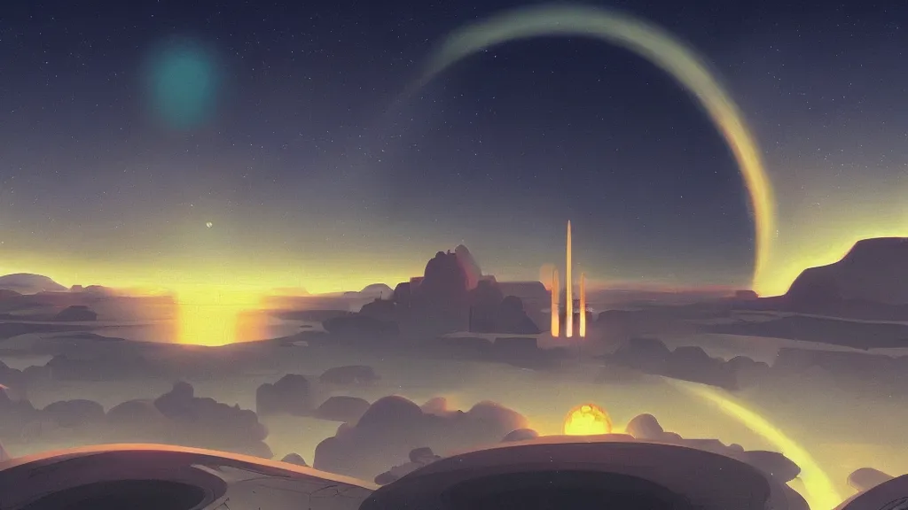 Image similar to a painting in the style of chesley bonestell and in the style of makoto shinkai.