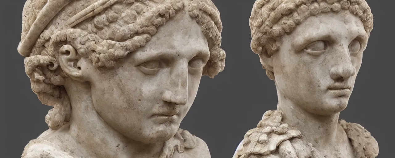 Image similar to ancient roman marble bust of an alien with 6 eyes and antennae