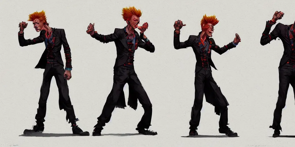 Image similar to cartoonish david bowie dancing, vivid colors, character sheet, fine details, concept design, contrast, kim jung gi, greg rutkowski, trending on artstation, 8 k, full body, turnaround, front view, back view, ultra wide angle