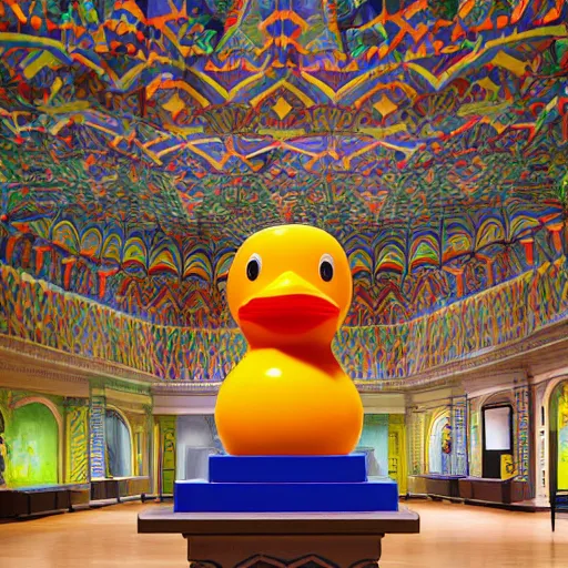 Image similar to wide shot, one! photorealistic rubber duck in foreground on a pedestal in an cavernous museum, the walls are covered floor to ceiling with colorful geometric tessellated wall paintings in the style of sol lewitt, tall arched stone doorways, through the doorways are more mural paintings in the style of sol lewitt.