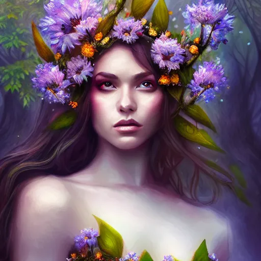 Prompt: upper body of a beautiful woman clothed in flowers and leaves standing in an enchanted forest, high fantasy, elegant, epic, detailed, intricate, digital painting, concept art, realistic detailed face, smooth, focus, rim light