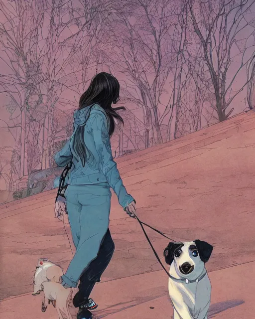 Image similar to a girl walking her small dog at the park, full shot, visible face, ambient lighting, detailed, art by ayami kojima, makoto shinkai, kilian eng