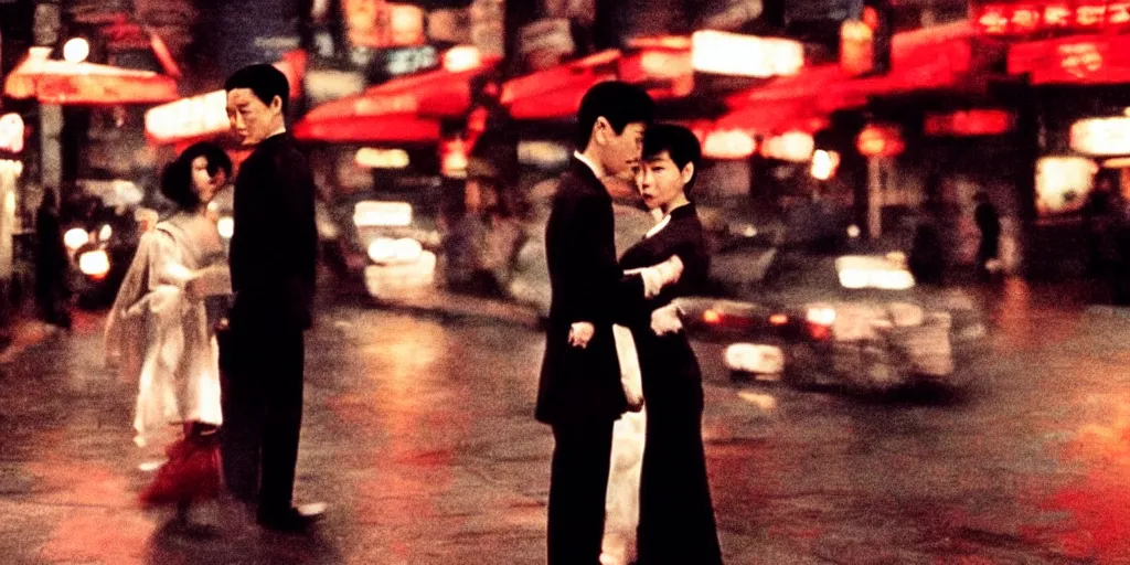 Prompt: style of wong kar - wai and in the mood for love, background blur, a killer back to the camera, nighttime, cinematic, movie scene, high details, vivid