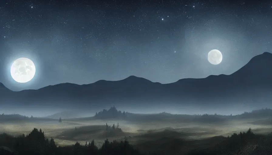 Image similar to a beautiful landscape at night, big moon on the right, stars in the sky, matte painting, dark blue tones, concept art, 4 k