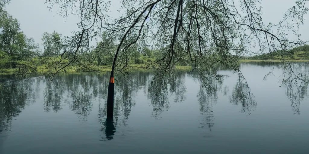 Image similar to centered photograph of a long rope zig zagging across the surface of the water, floating submerged rope stretching out towards the center of the lake, a dark lake on a cloudy day, color film, trees in the background, hyperedetailed photo, anamorphic lens, 2 0 0 1