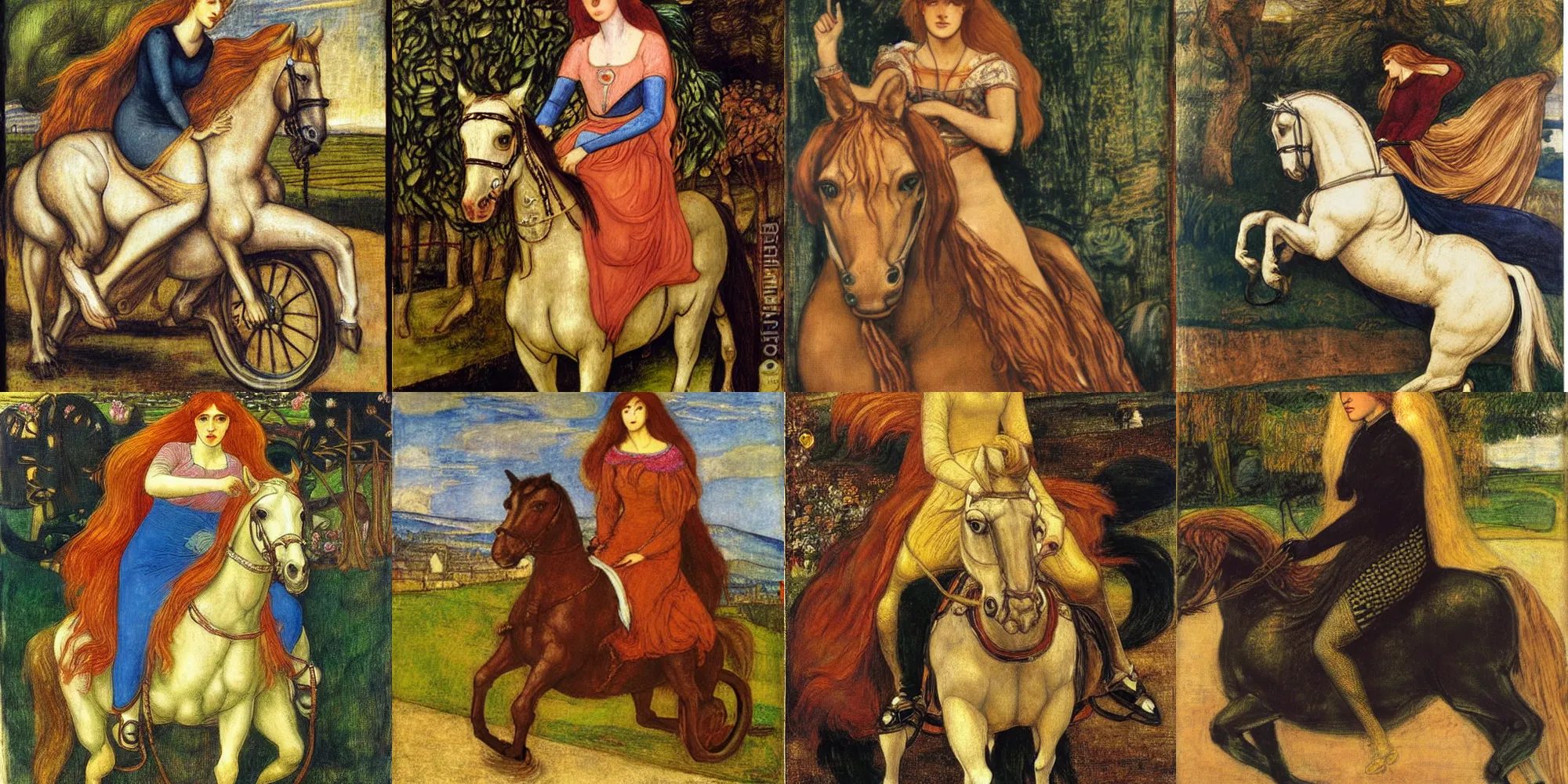 Prompt: a painting of lady godiva riding a motorcycle by dante gabriel rossetti
