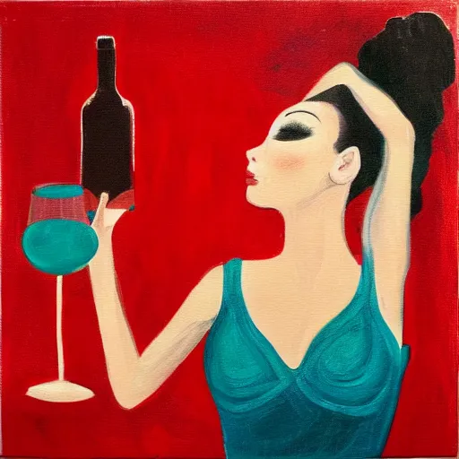 Image similar to square painting of a ballerina drinking wine in a teal room all on a red background