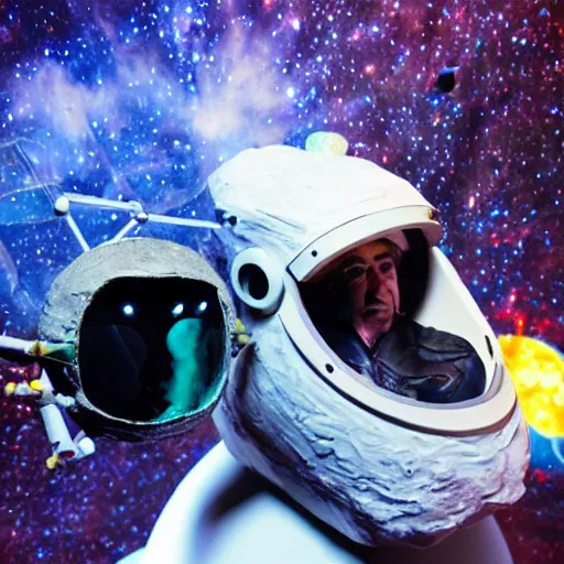 Prompt: a space captain steering an asteroid, space backdrop, canon 5 d 5 0 mm lens, everything made of papier - mache