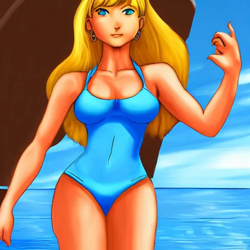 Image similar to Samus Aran from Metroid in a light-blue bikini sunbathing on the beach, digital art