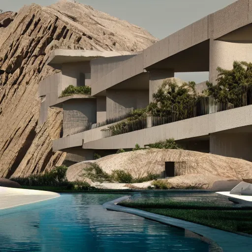 Image similar to brutalism luxury hotel in the desert, biophilia mood, pool, garden, highly detailed, cinematic, photorealistic,