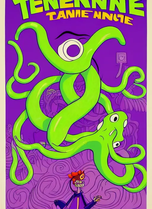 Prompt: a poster for the Day of the Tentacle videogame by Steve Purcell. 8k. Detailed. Characters. Maniac Mansion. Purple tentacle.
