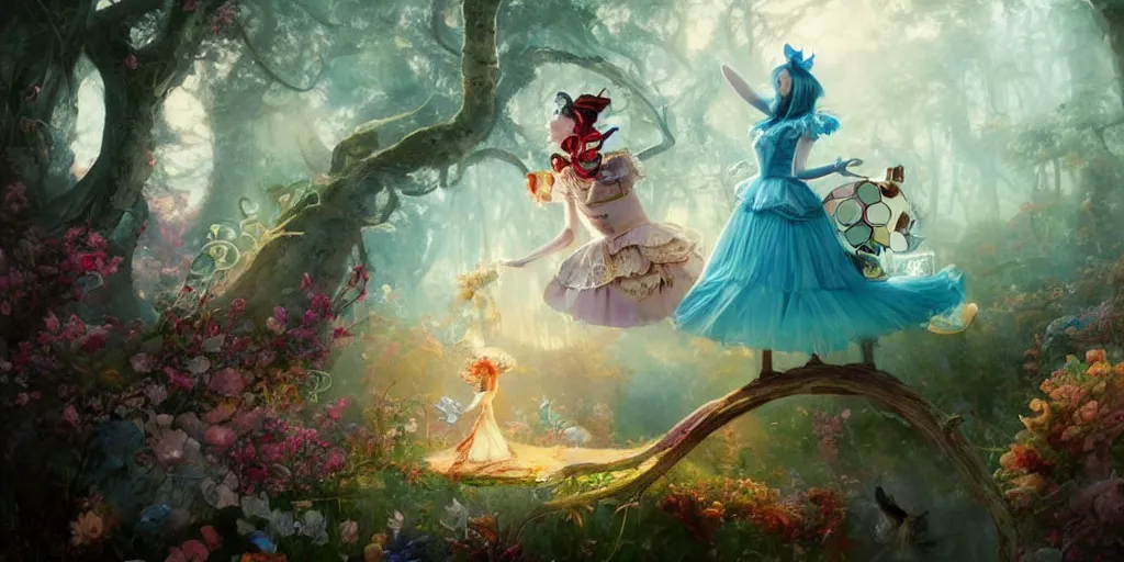 Prompt: a beautiful insanely intricate oil painting of alice in wonderland, reflexions, colorfull, by william turner art, by greg rutkowski, by james jean, by rossdraws, by frank franzzeta, by sakimichan, trending on artstation, insanely detailed illustration, contur lines, masterpiece, octane render, 8 k