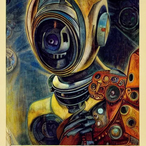 Image similar to the robot in her mechanical mask, by annie swynnerton and diego rivera and leo and diane dillon, symbolist, dramatic lighting, elaborate geometric ornament, art brut, god rays, soft cool colors, smooth, sharp focus, extremely detailed, adolf wolfli