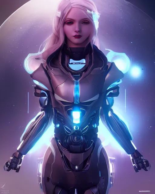 Image similar to perfect android girl on a mothership, warframe armor, beautiful face, scifi, futuristic, galaxy, nebula, raytracing, dreamy, long white hair, blue cyborg eyes, sharp focus, cinematic lighting, highly detailed, artstation, divine, by gauthier leblanc, kazuya takahashi, huifeng huang