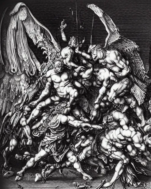 Prompt: devil fighting angels, epic composition, fine details, extremely detailed, black and white, very sharp, in the style of albrecht durer