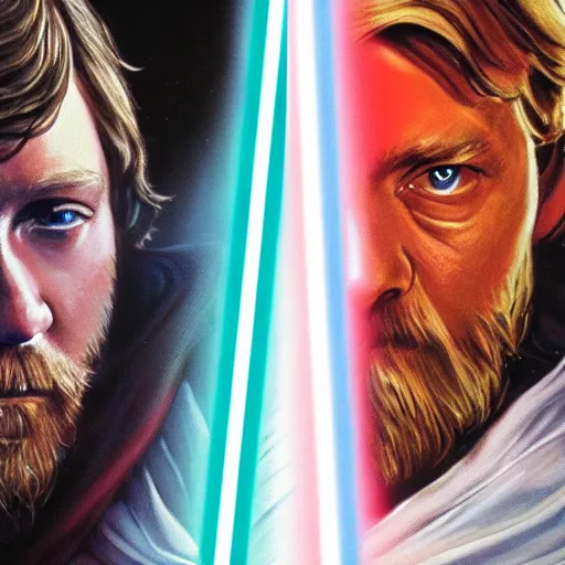 Image similar to luke skywalker against obi wan kenobi, luke skywalker has a red lightsaber, realistic painting, realistic faces, radiant light