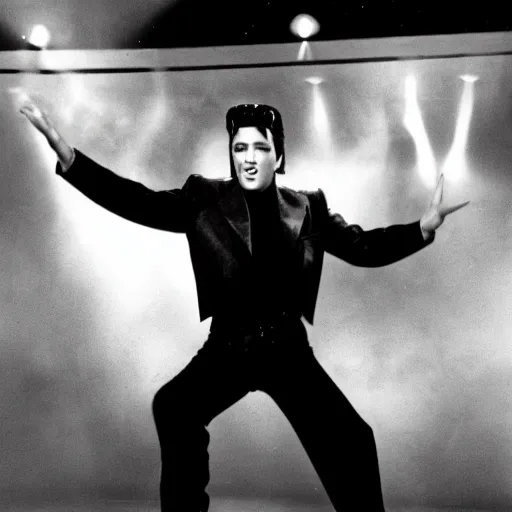 Image similar to black and white photograph of elvis dancing, in an alien spaceship